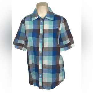 ELIZABETH AND JAMES Women's Gathered Back Crinkle Plaid Top Size Medium $225
